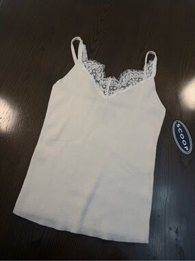 Lace-Trim Ribbed Cami Tank Top in Ivory Scoop M NEW